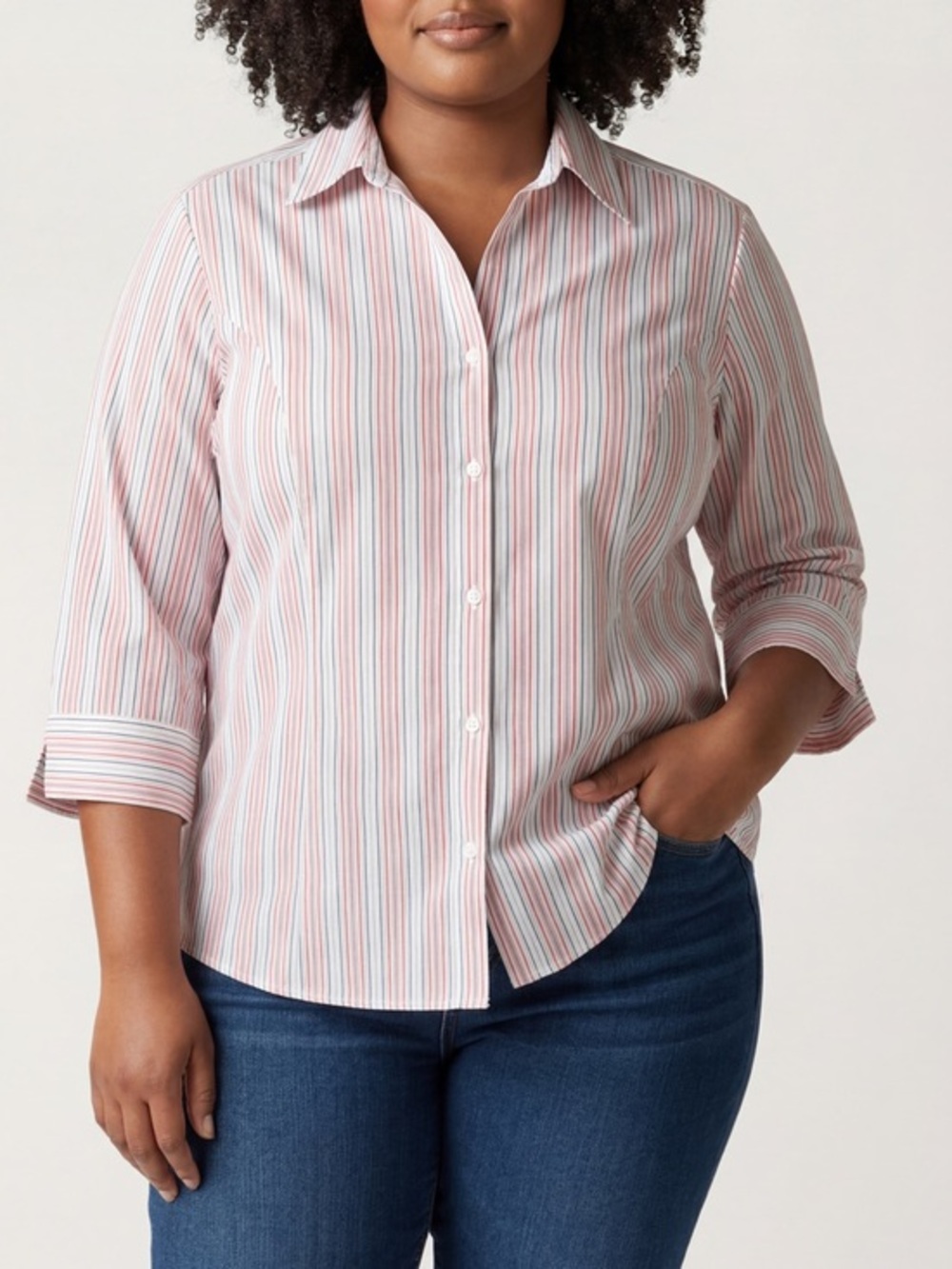 4/$20 Basic Editions Stripe Button Front Blouse XXL Stretch Tunic Shirt NWT